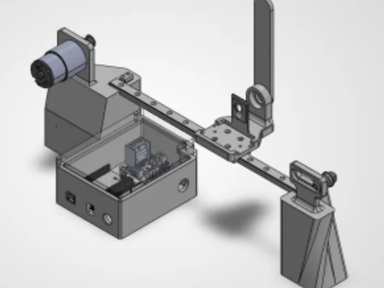 SolidWorks assembly of the pendulum cart, rail, motor, and electronics enclosure