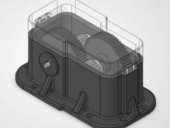 CAD render of the gear reducer with the casing shown transparent